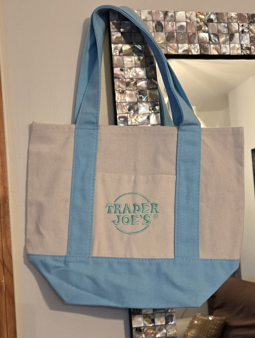 Trader Joe's Mini Two-Tone Canvas Tote Bag in Aqua and Cream
